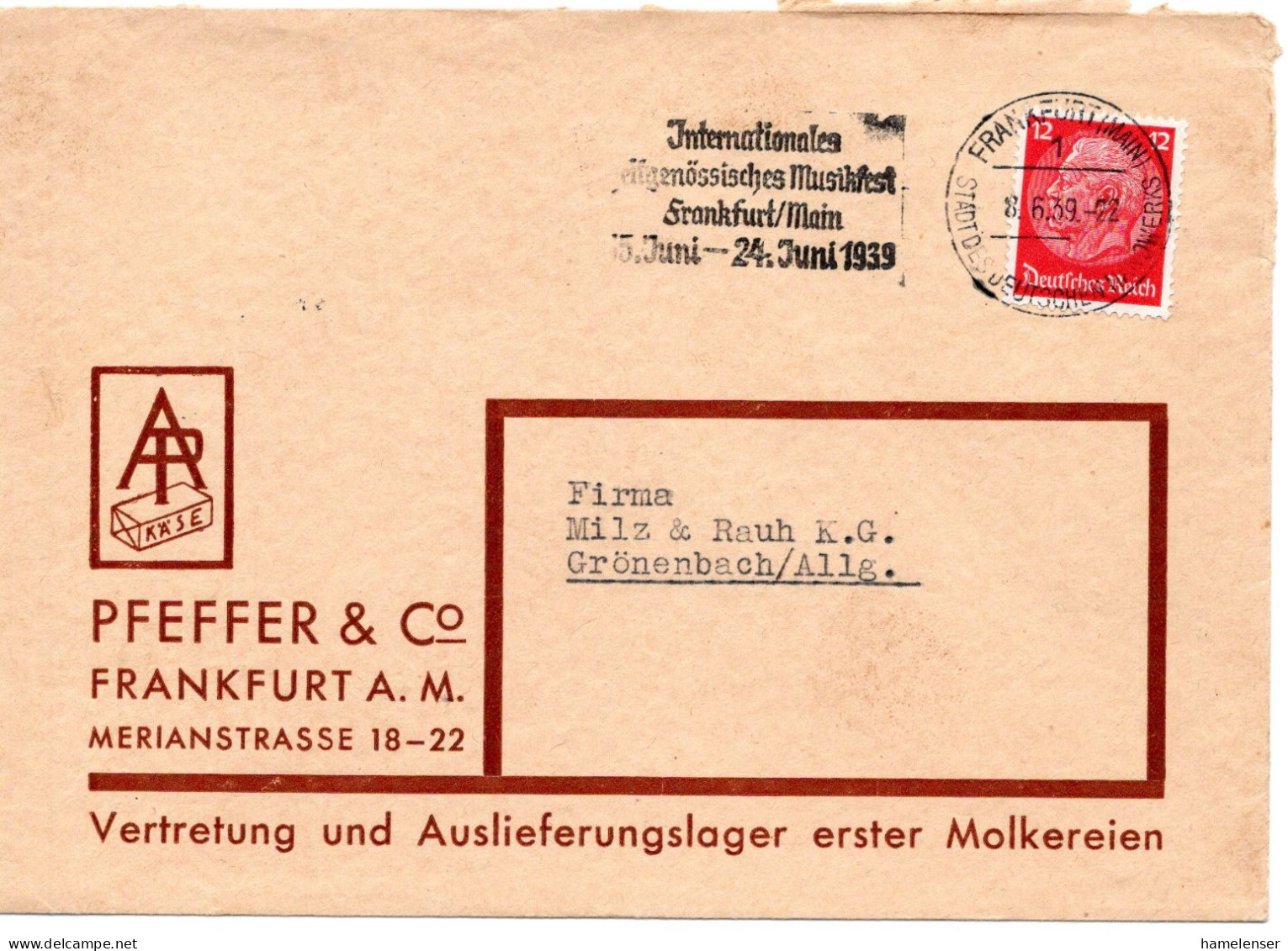 59062 - Deutsches Reich - 1939 - 12Pfg Hindenburg EF A Bf FRANKFURT - ... ZEITGENOESSISCHES MUSIKFEST ... -> Groenenbach - Music