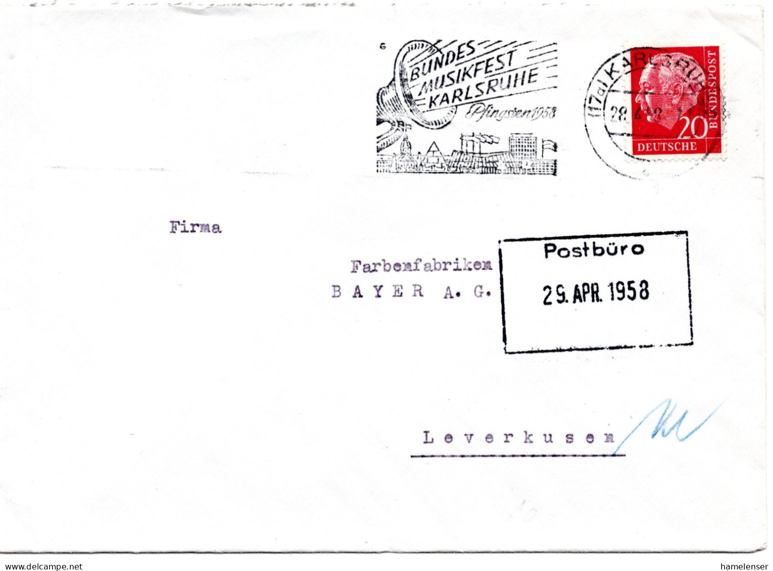 59066 - Bund - 1958 - 20Pfg Heuss I EF A Bf KARLSRUHE - BUNDES MUSIKFEST KARLSRUHE ... -> Leverkusen - Music