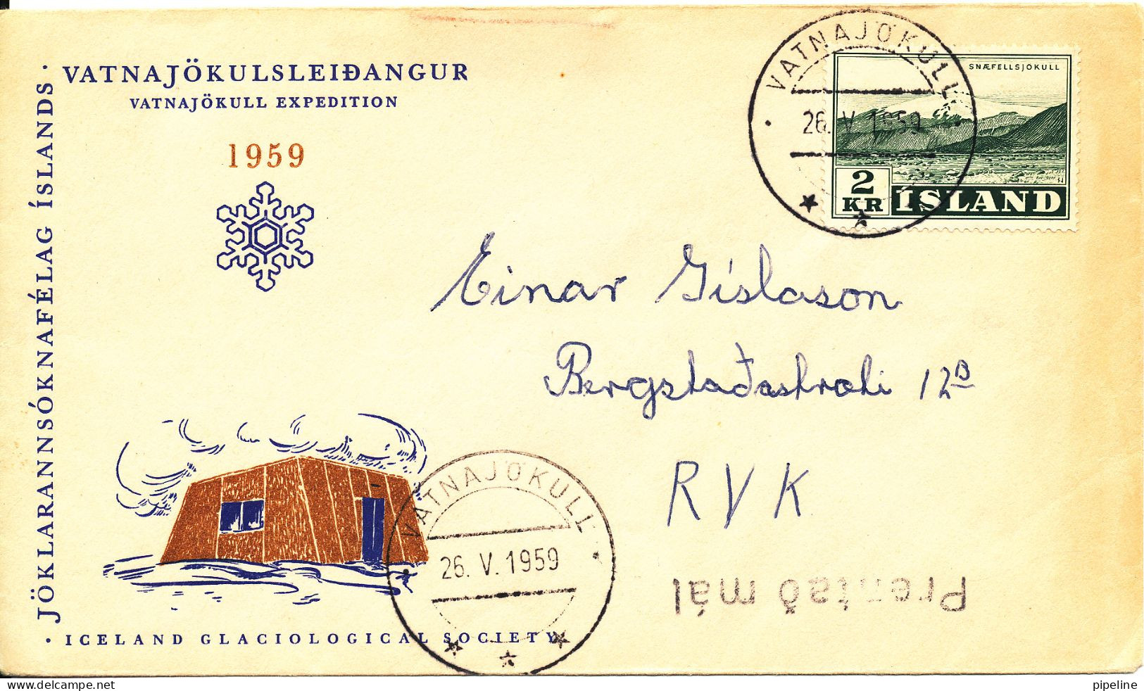 Iceland Cover Sent To Reykjavik Vatnajökull Expedition 1959 With Cachet - Brieven En Documenten