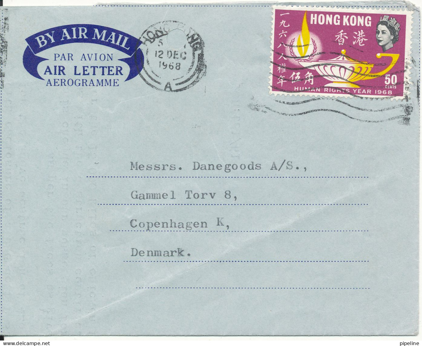 Hong Kong Aerogramme Sent To Denmark 12-12-1968 - Cartas & Documentos