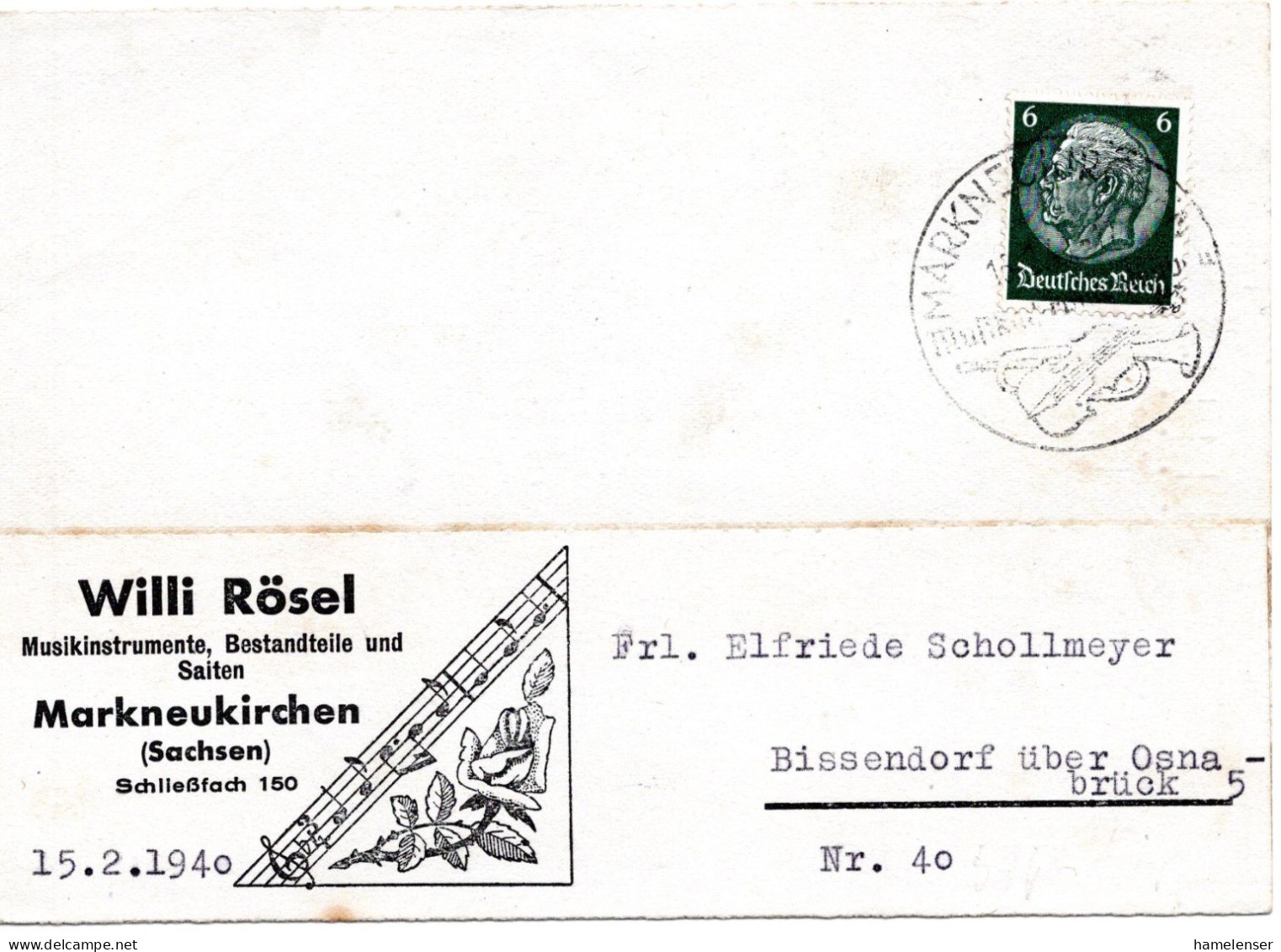 59081 - Deutsches Reich - 1940 - 6Pfg Hindenburg EF A Kte Werbestpl MARKNEUKIRCHEN - MUSIKINSTRUMENTENBAU -> Bissendorf - Musik