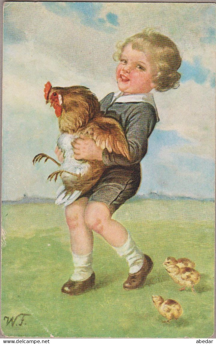 Wally Fialkowska  Enfant  Kid  Boy Chicken Chicks Old PC. Cpa. 1934 - Fialkowska, Wally