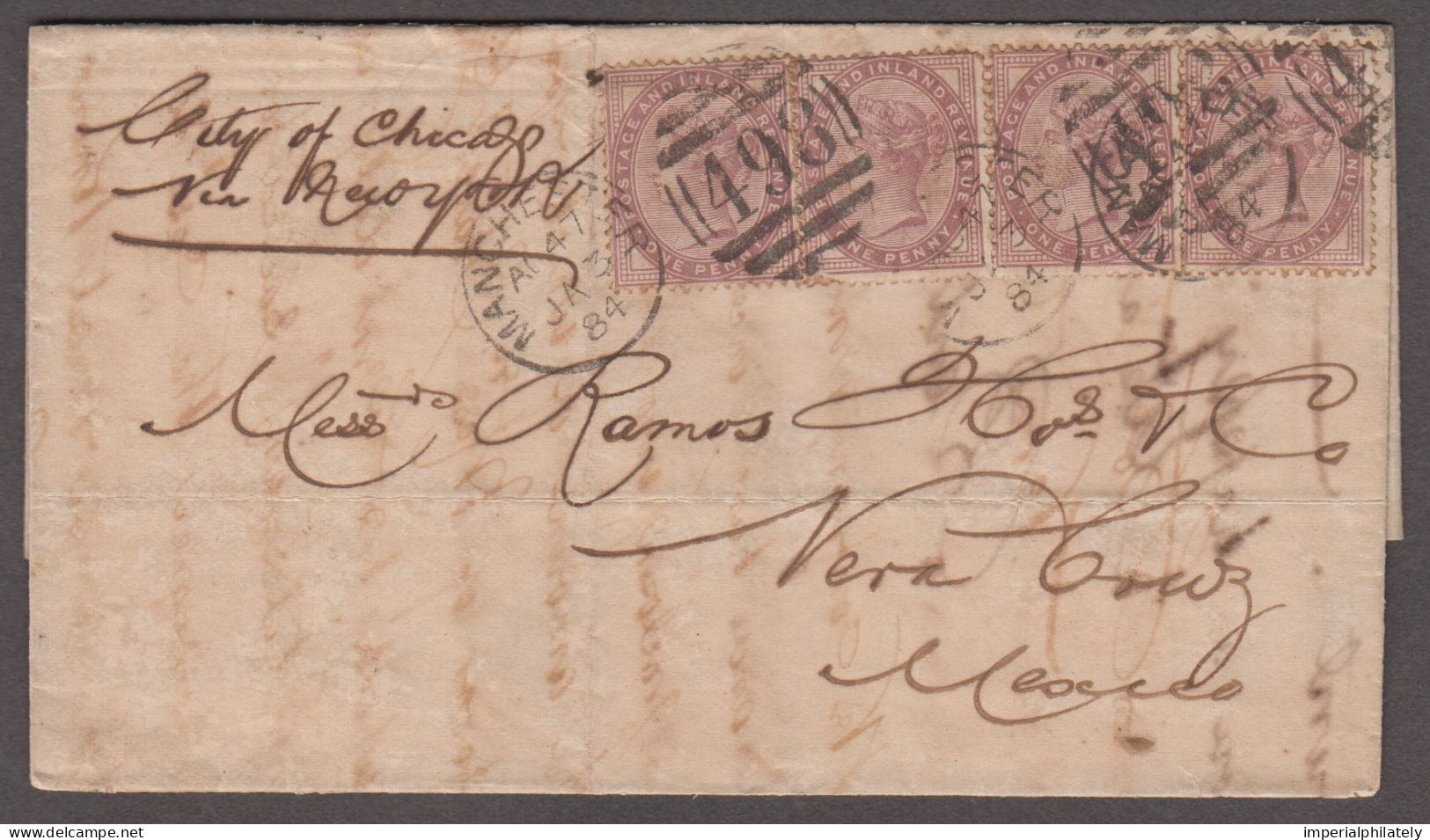 1884 (Jan 3) Wrapper From Manchester To Mexico With Four 1881 1d Lilac Die II Tied By Manchester "498" Duplexes - Storia Postale