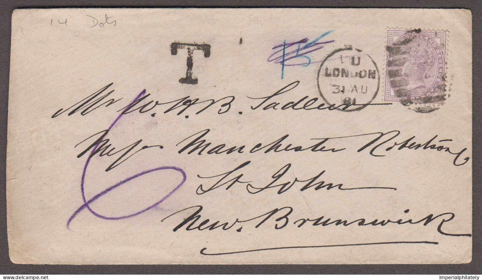 1881 (Aug 31) Enevlope To Canada With 1881 1d Lilac Die I Tied By London Duplex, Underpid With "T" Hs And Ms "6" - Covers & Documents