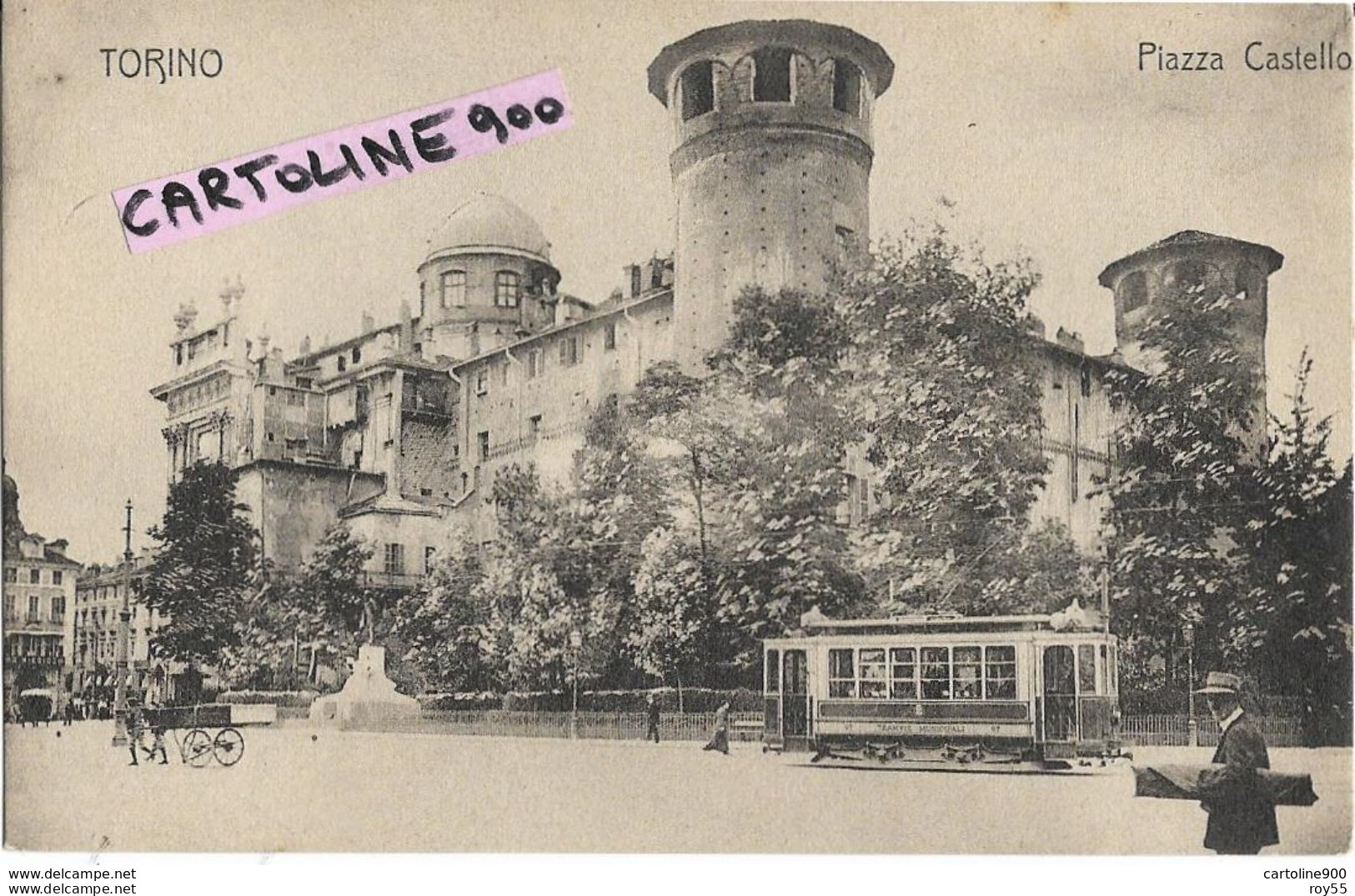 Piemonte-torino Piazza Castello Primi 900 Veduta Fermata Vecchio Tram Carretto Persone Animata - Orte & Plätze