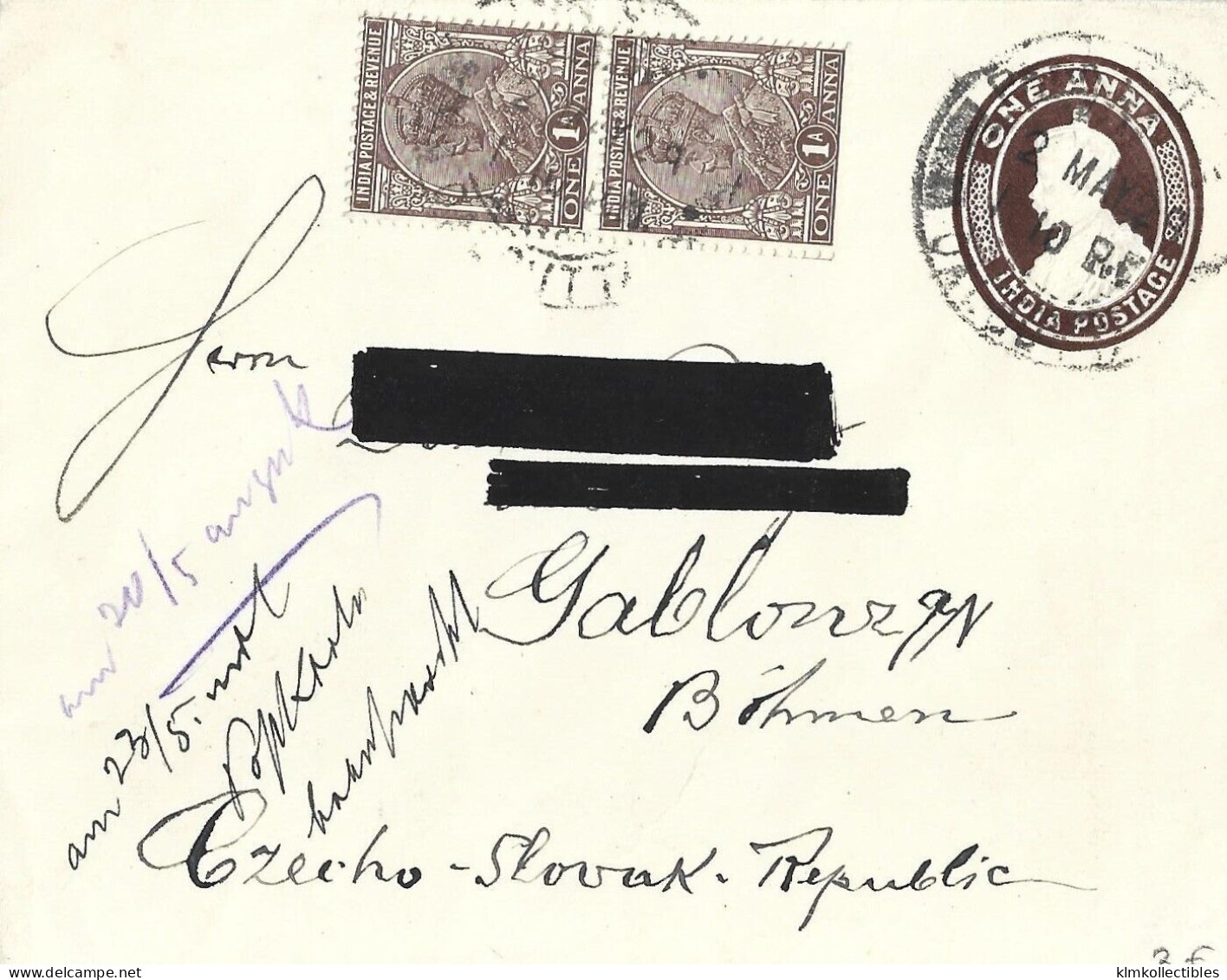 INDIA BRITISH COLONIES - 1929 STATIONERY COVER TO CZECHOSLOVAKIA - Autres & Non Classés