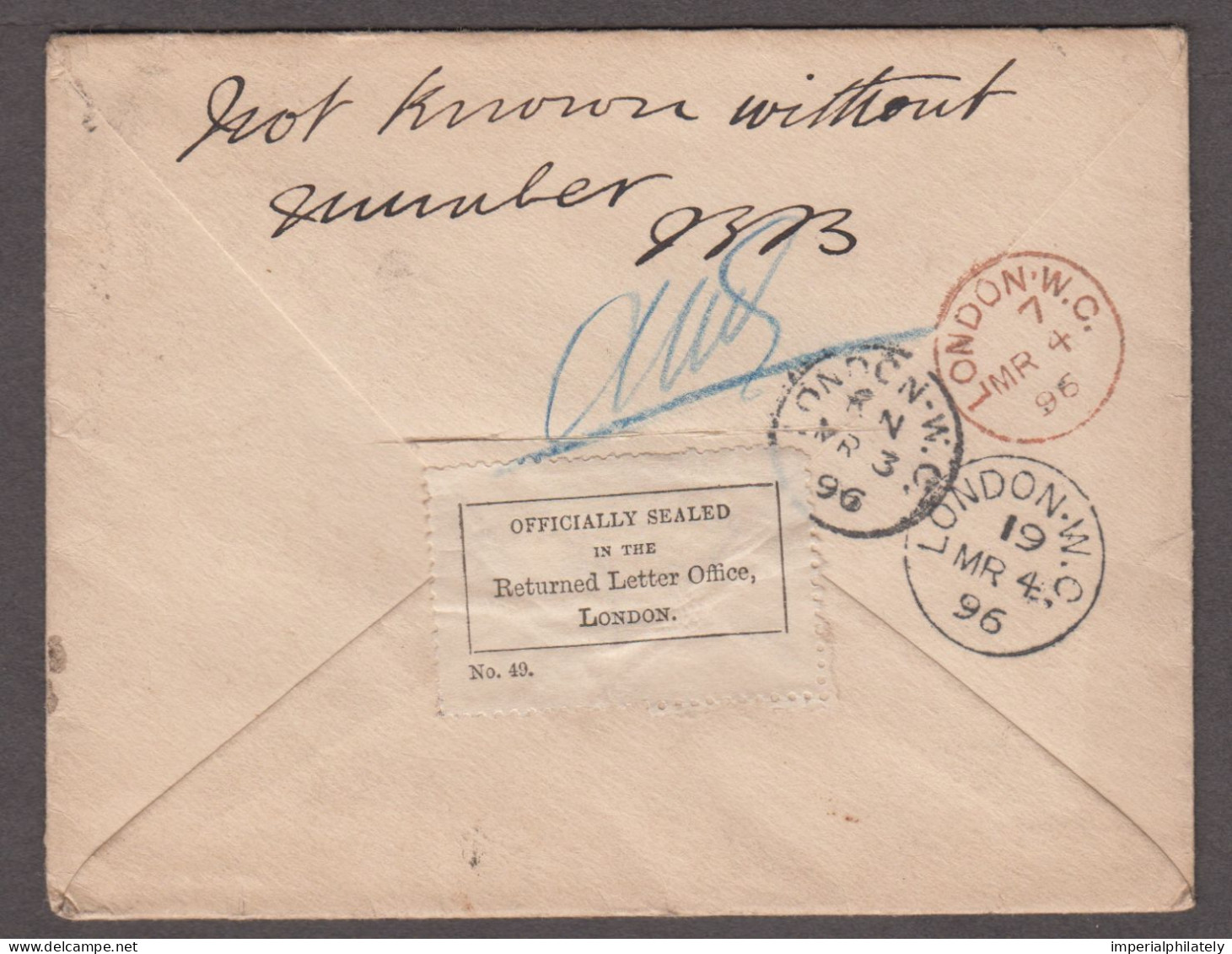 1896 (Mar 3) Envelope With 1881 1d Lilac Tied By London "13" Squared Circle, Reverse With Officially Sealed Label - Storia Postale