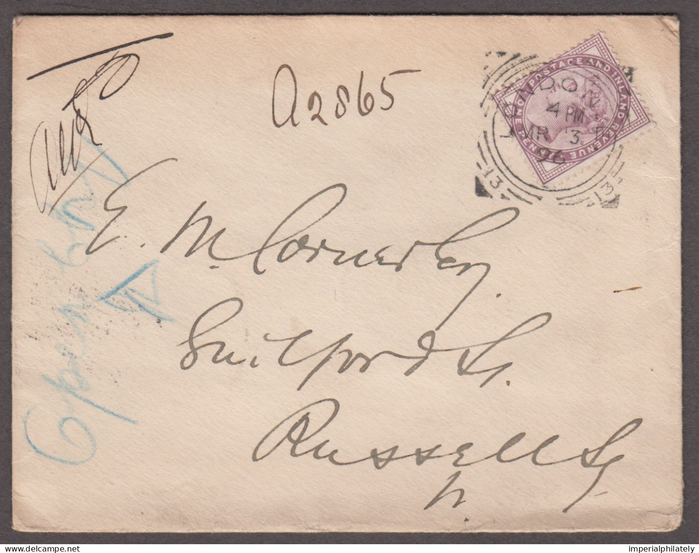 1896 (Mar 3) Envelope With 1881 1d Lilac Tied By London "13" Squared Circle, Reverse With Officially Sealed Label - Covers & Documents
