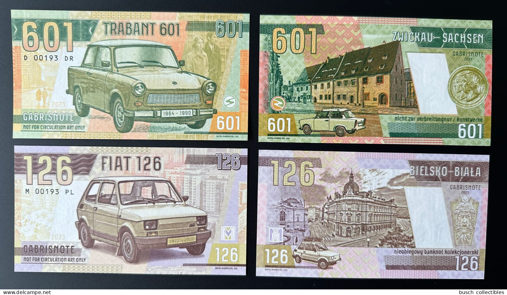 2023 Matej Gabris Trabant 601 Fiat 126 Car Auto Voiture Zwickau Sachsen Bielsko Biala UNC SPECIMEN ESSAY Tirage Limité - Specimen