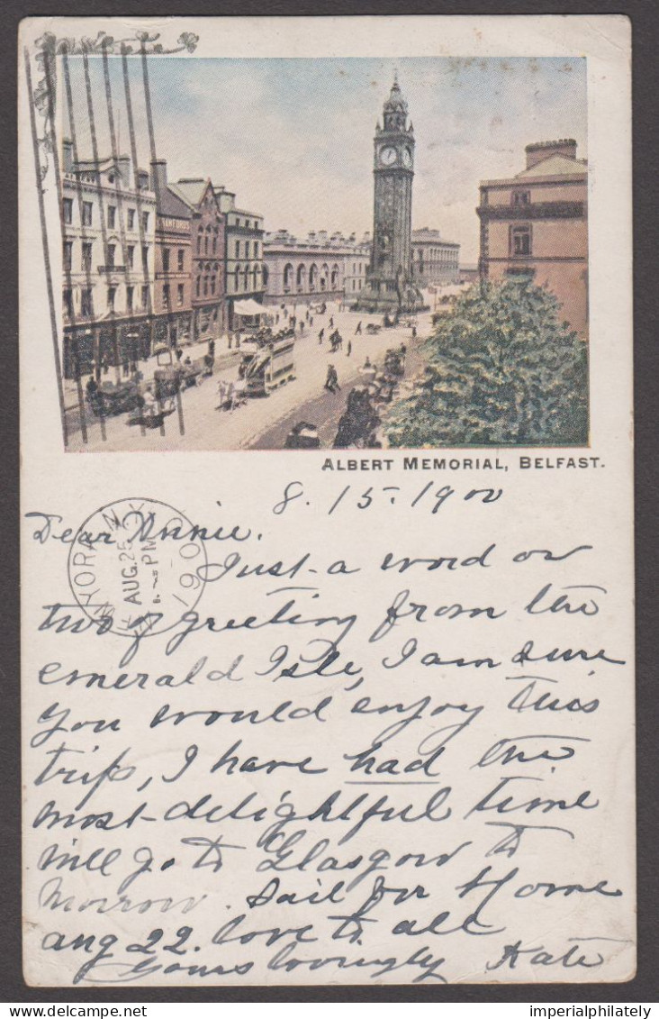 1900 (Aug 16) Picture Postcard Of Albert Memorial In Belfast With 1881 1d Lilac Die II Tied By Large Belfast Cds - Briefe U. Dokumente