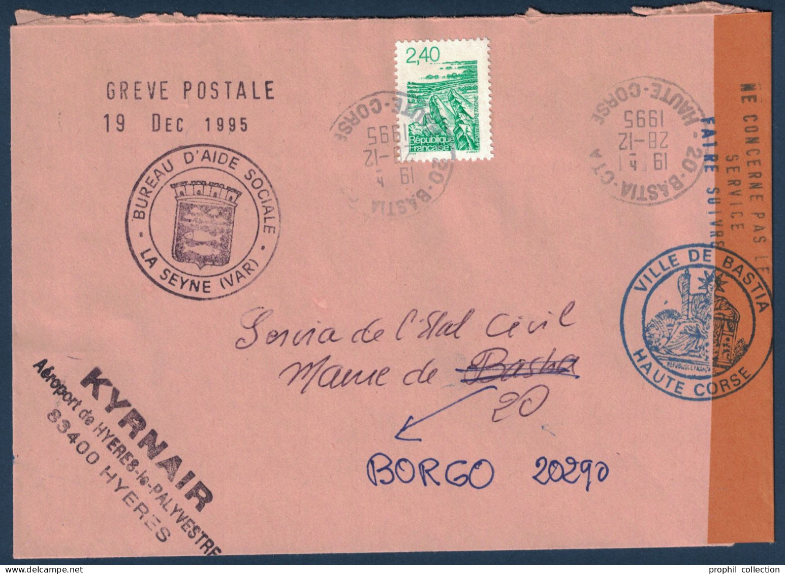 GRIFFE GREVE POSTALE DECEMBRE 1995 CACHET VILLE DE BASTIA CORSE + BUREAU D'AIDE SOCIALE LA SEYNE KYRNAIR AEROPORT HYERES - Documenten