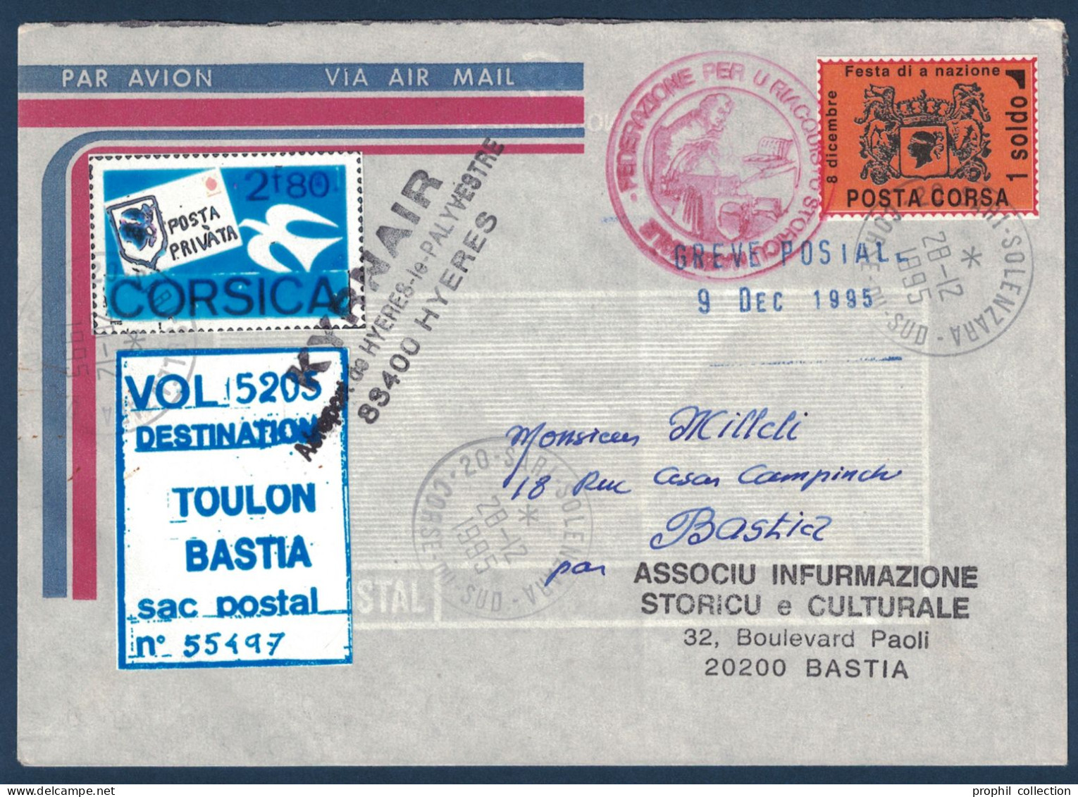 LETTRE GREVE POSTALE 1995 VIGNETTE COURRIER SPECIAL BASTIA CORSE TOULON TIMBRE POSTA PRIVATA VOL 5205 TRANSPORT PRIVÉ - Documenten