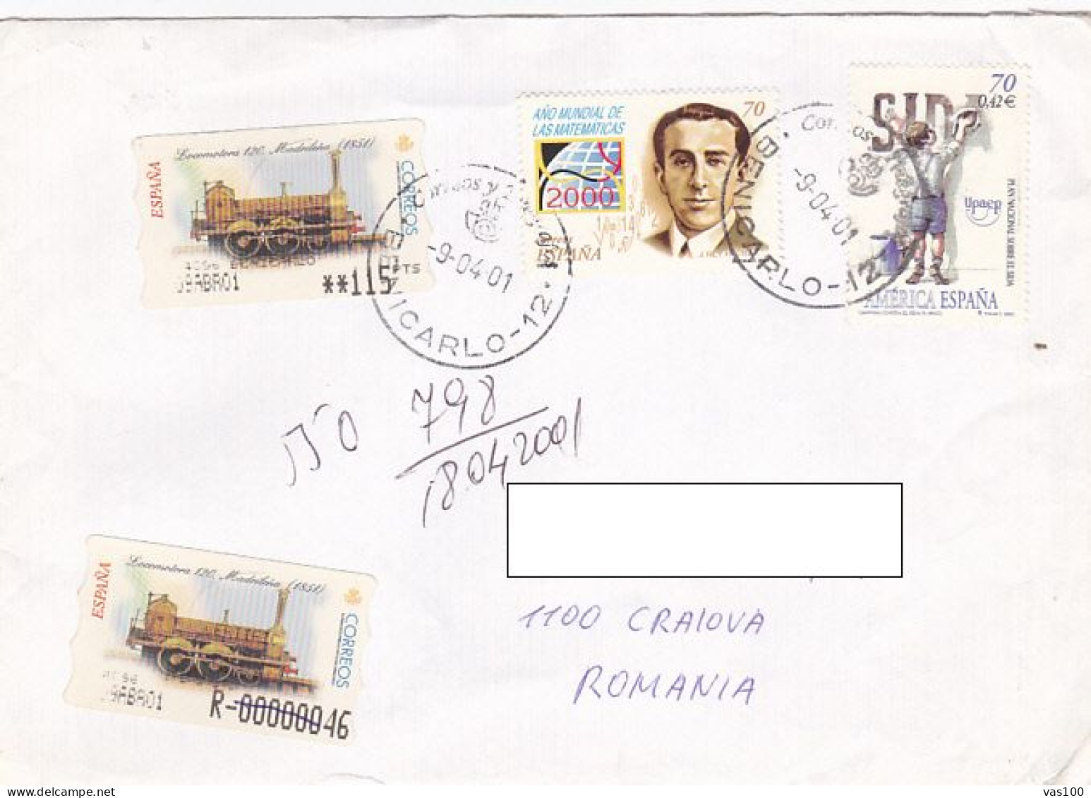 LOCOMOTIVE, MATHEMATICS, AIDS, STAMPS ON REGISTERED COVER, 2001, SPAIN - Lettres & Documents