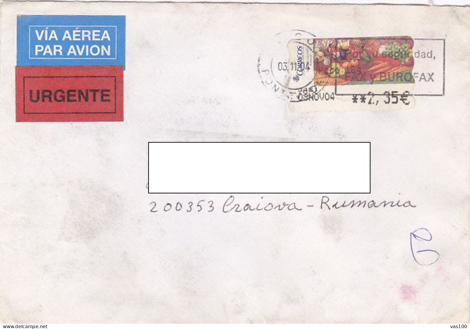 AMOUNT 2.35 MACHINE PRINTED FRUITS AND VEGETABLES STICKER STAMP ON COVER, 2004, SPAIN - Lettres & Documents