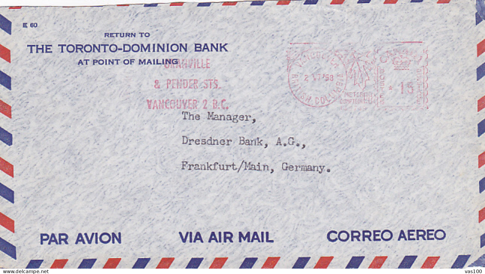 AMOUNT 0.15, VANCOUVER, MAPLE LEAF, RED MACHINE STAMP ON COVER, 1958, CANADA - Briefe U. Dokumente