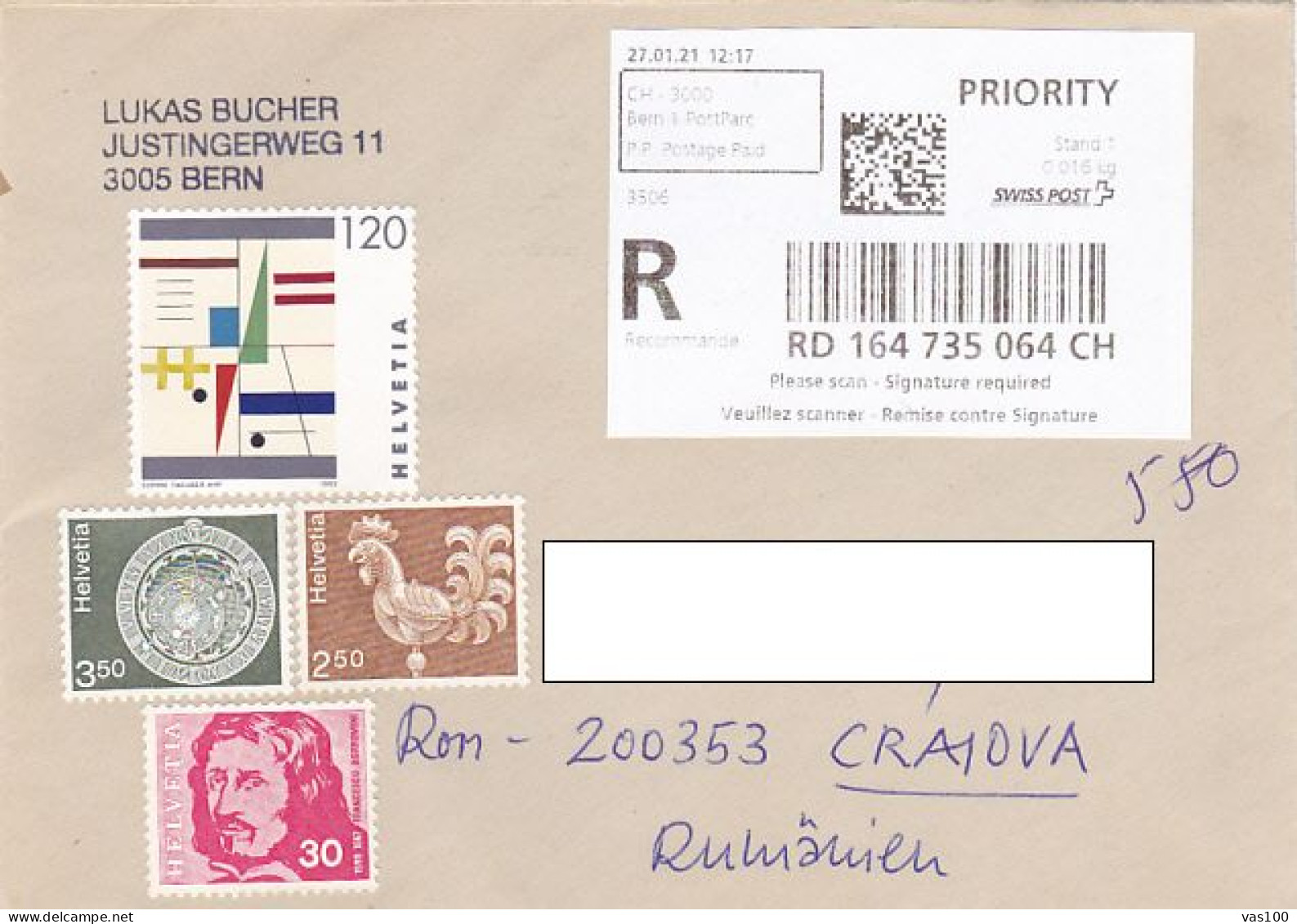 PAINTING, ASTRONOMICAL CLOCK, ROOSTER, FRANCESCO BORROMINI, STAMPS ON REGISTERED COVER, 2021, SWITZERLAND - Cartas & Documentos
