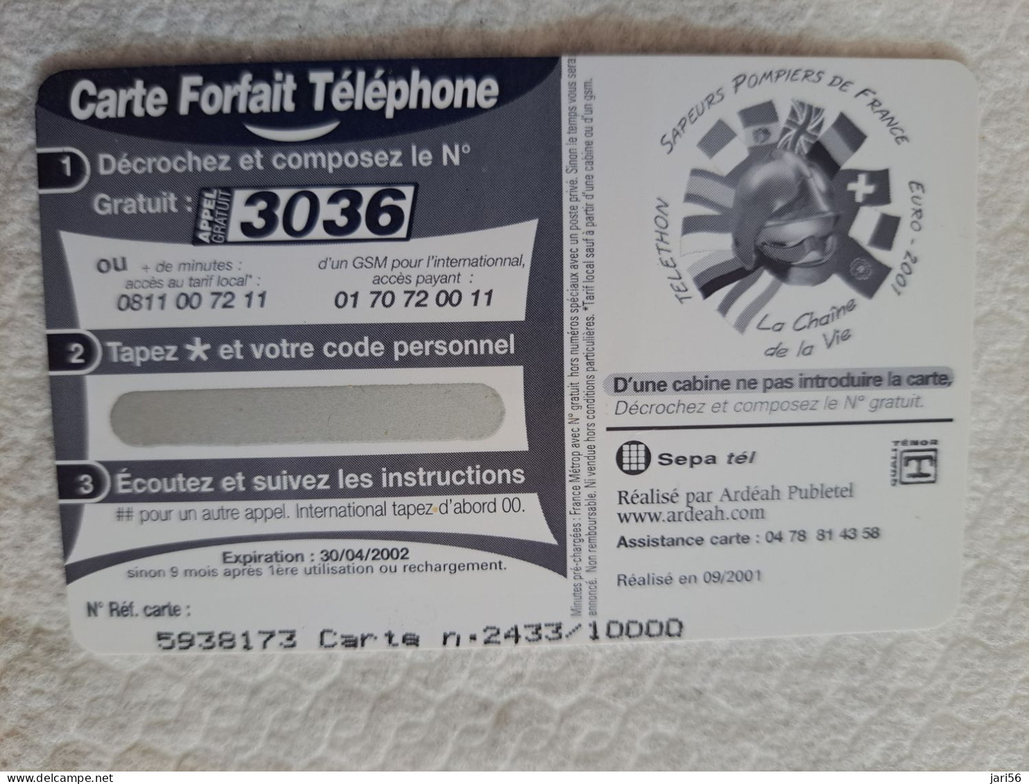 FRANCE/ 20 FR/ €3,05 / TELETHON 2001/ SAPEURS POMPIERS DE FRANCE     /   PREPAID  / MINT    ** 14563** - Nachladekarten (Handy/SIM)