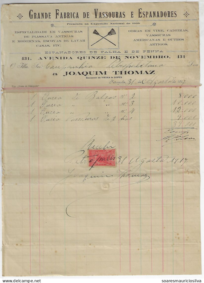 Brazil 1917 Invoice From The Large Factory Of Brooms And Dusters In Petrópolis National Treasury Tax Stamp 300 Réis - Covers & Documents