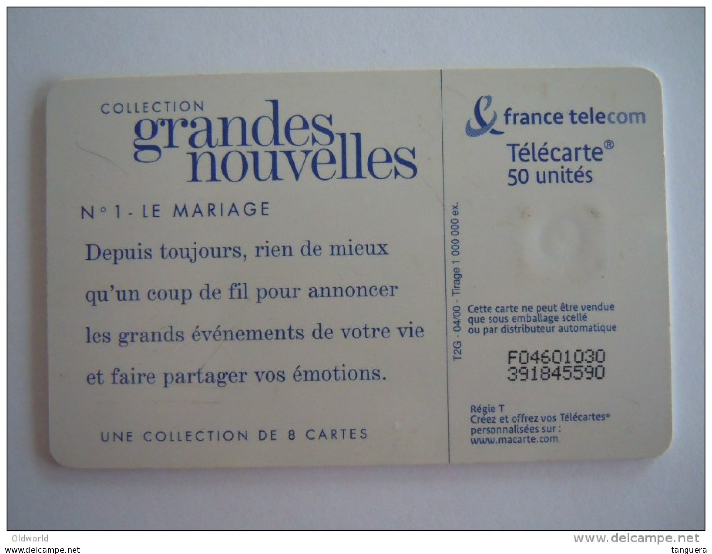 France Telecom T2G 04/00 Télécarte 50U Collection Grandes Nouvelles N° 1 Le Mariage - 2000