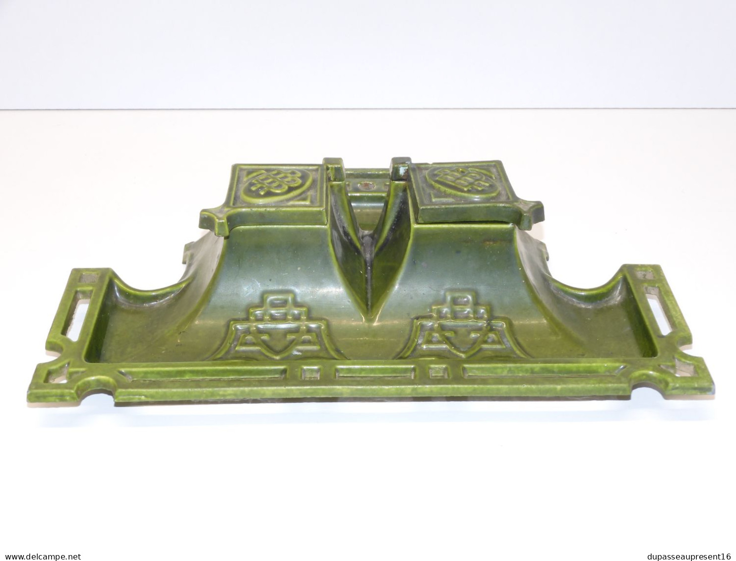 -ANCIEN ENCRIER DOUBLE ART DECO FONTE EMAILLEE VERTE 2 GODETS VERRE BUREAU   E - Calamai