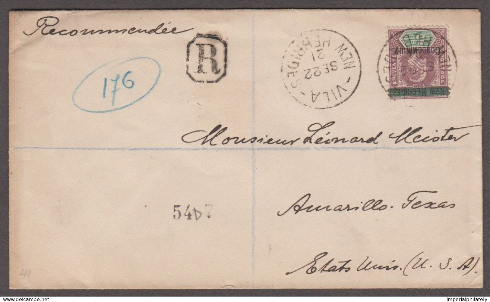 1921 (Sep 22) Envelope Sent Registered To The USA With 1908 Fiji Ovpt 5d Tied By VILA / NEW HEBRIDES Cds - Covers & Documents