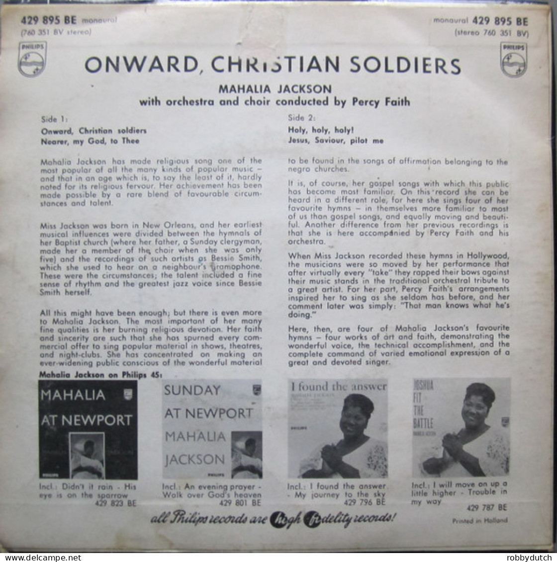 * 7" EP *  MAHALIA JACKSON - ONWARD CHRISTIAN SOLDIERS (Holland 1958 EX-) - Chants Gospels Et Religieux