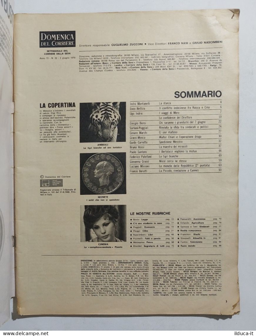 37727 DOMENICA DEL CORRIERE 1970 A. 72 N. 22 - Mexico 70 / Monete Rare - Primeras Ediciones