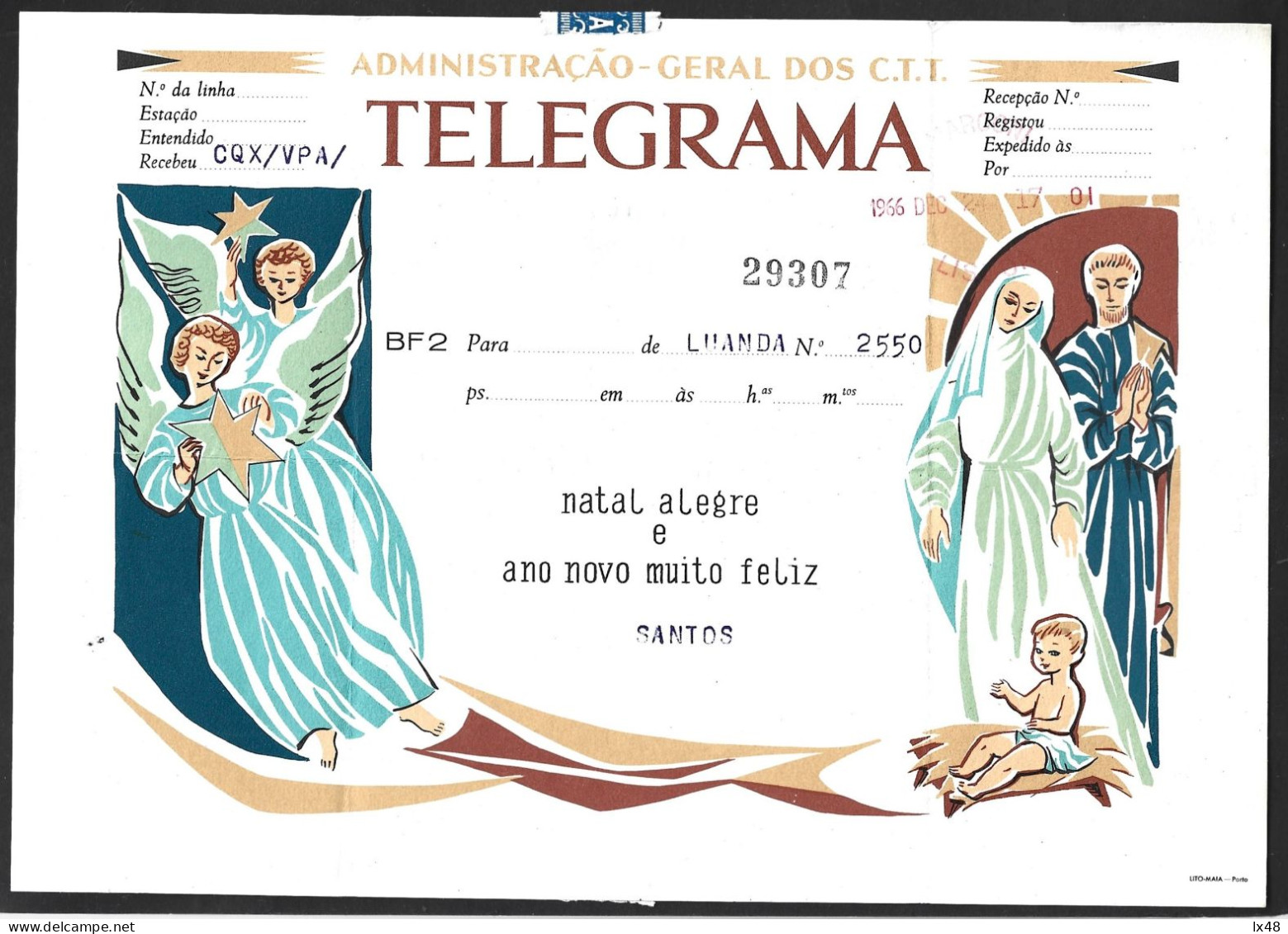 Telegrama Natal De Porte Pago. Expedido Luanda, Angola/Lisboa, Obliteração Da Rádio Marconi 1966. Postage Paid Christmas - Brieven En Documenten