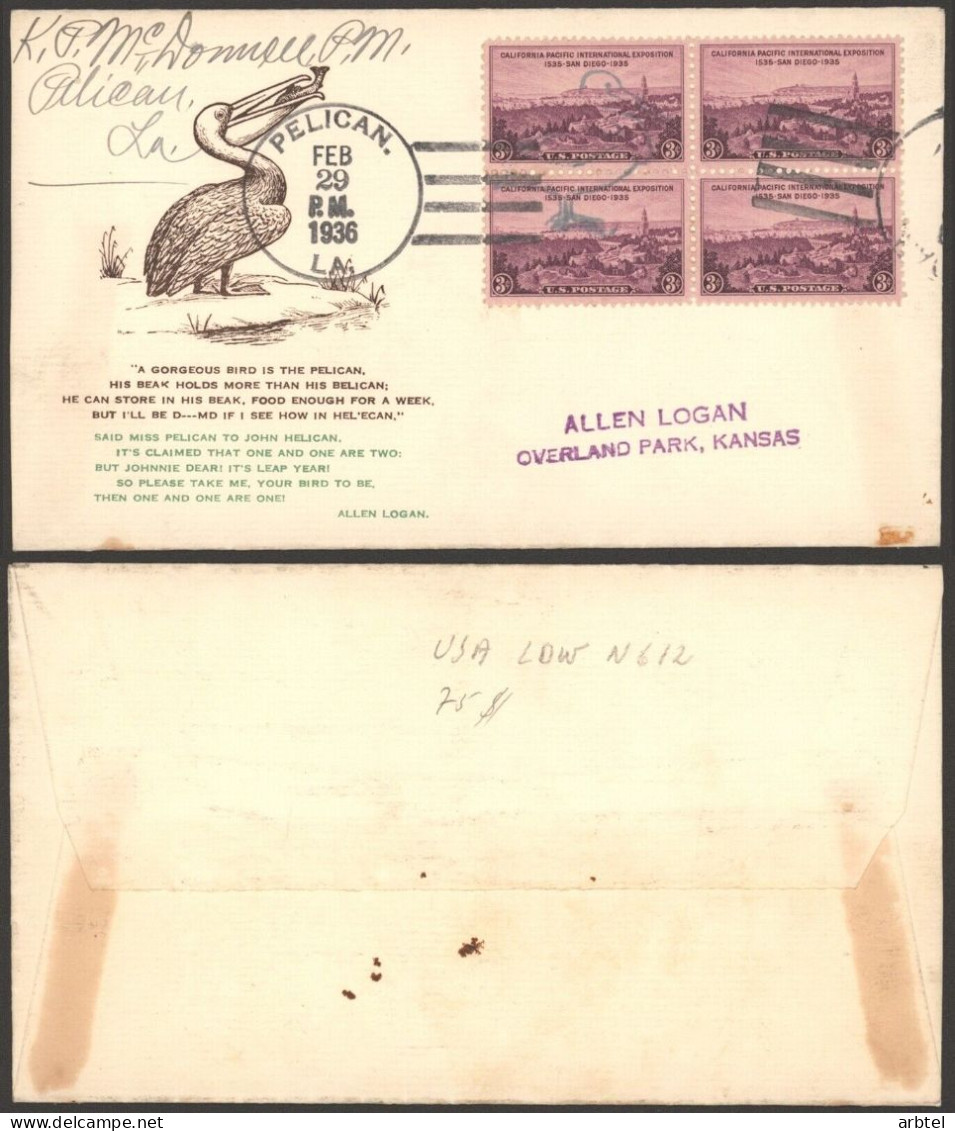 ESTADOS UNIDOS USA CC FANCY CANCEL PELICAN 1936 AVE PAJARO BIRD - Pélicans