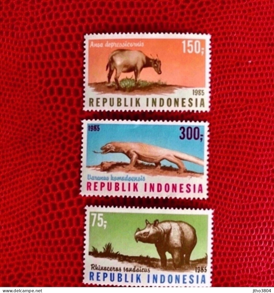 INDONÉSIE 1985 3v Neuf ** MNH Mi 1187 / 1189 Deer Reptiles Mammifère Mammal Mamífero Saügetier  Indonesia - Rhinocéros