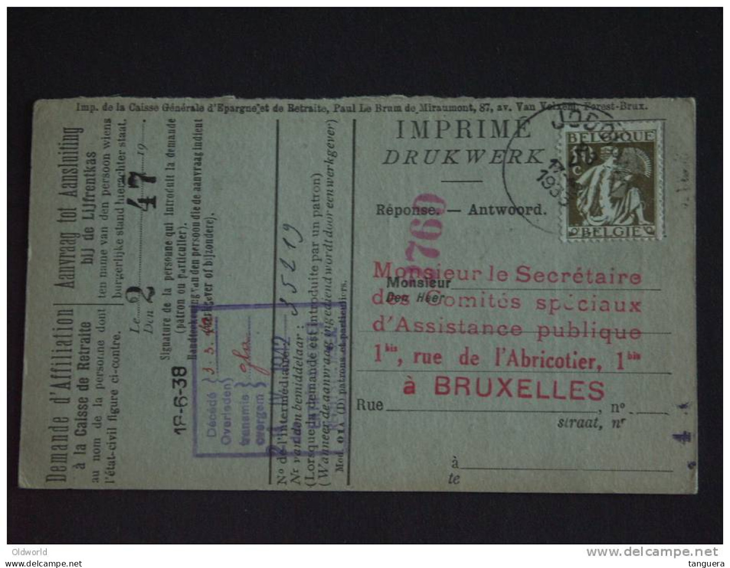 Carte Caisse De Retraite Jodoigne Vers Bruxelles 1933 Lijfrentekas Ceres (ref 62) - 1932 Ceres And Mercurius