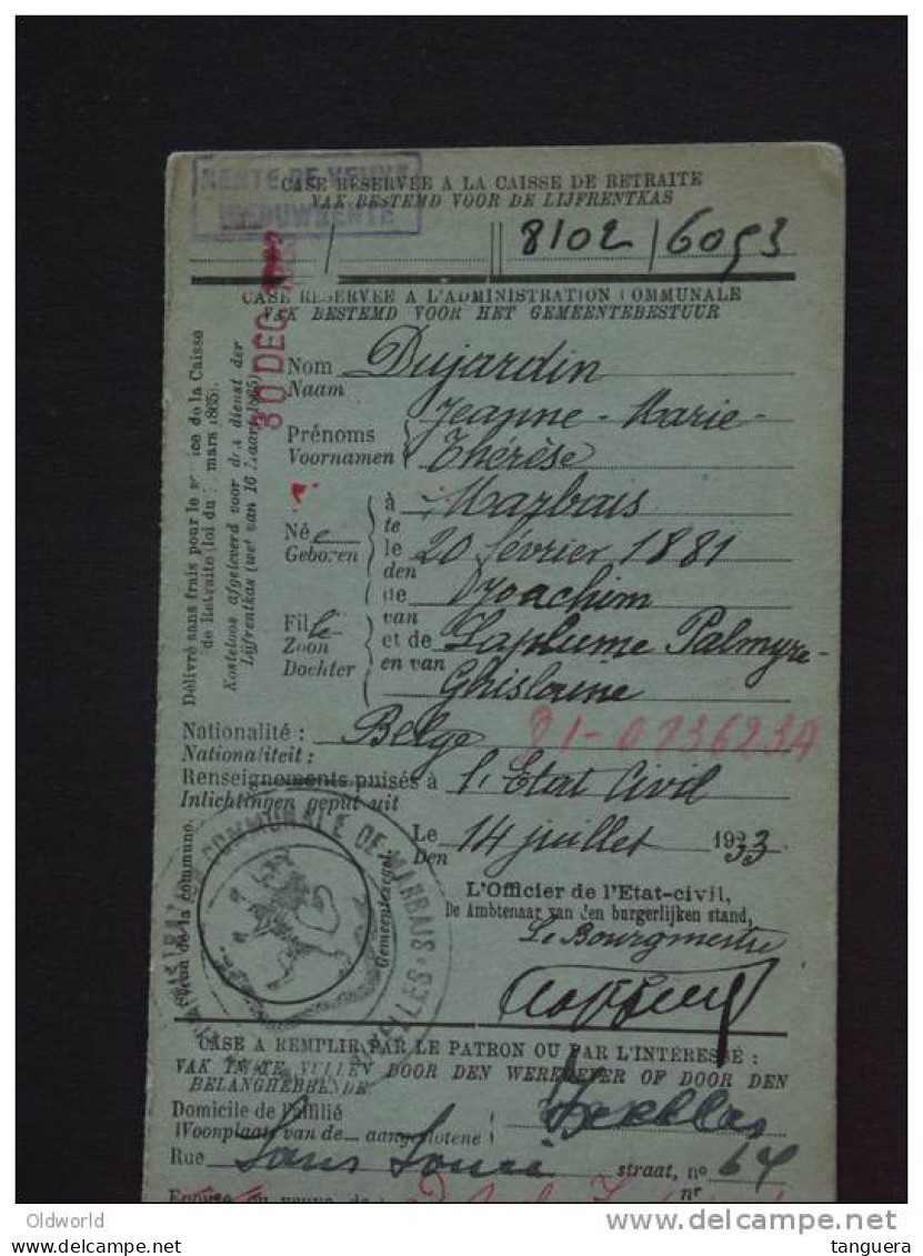 Carte Caisse De Retraite Marbais Vers Bruxelles 1933 Lijfrentekas Ceres (ref 215) - 1932 Cérès Et Mercure