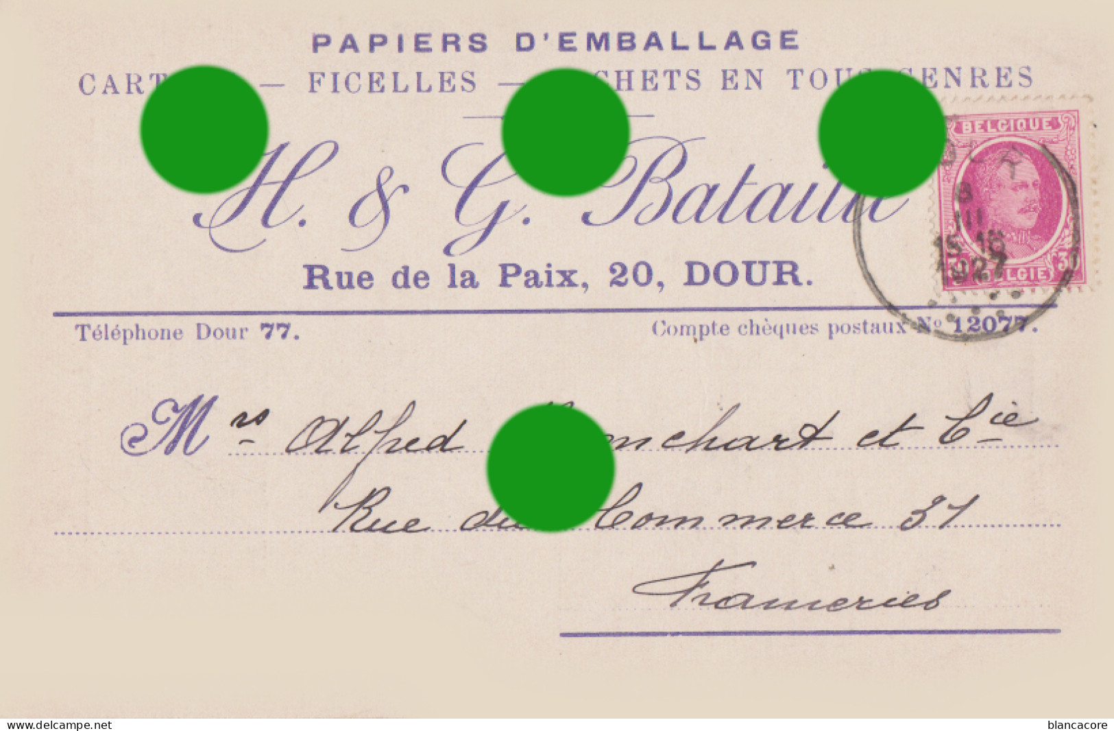 DOUR  Rue De La Paix 1927 H & G BATAILLE Papiers Carton Ficelle Sachets Carte Correspondance / RARE - Dour