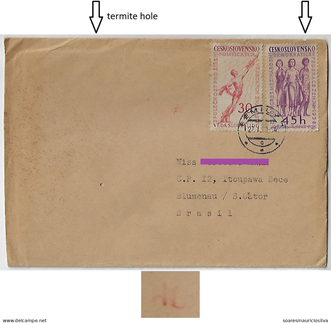Czechoslovakia 1959 Cover Semily - Blumenau Brazil 2 Stamp + Label Electronic Sorting Mark Transorma AU Rio De Janeiro - Brieven En Documenten