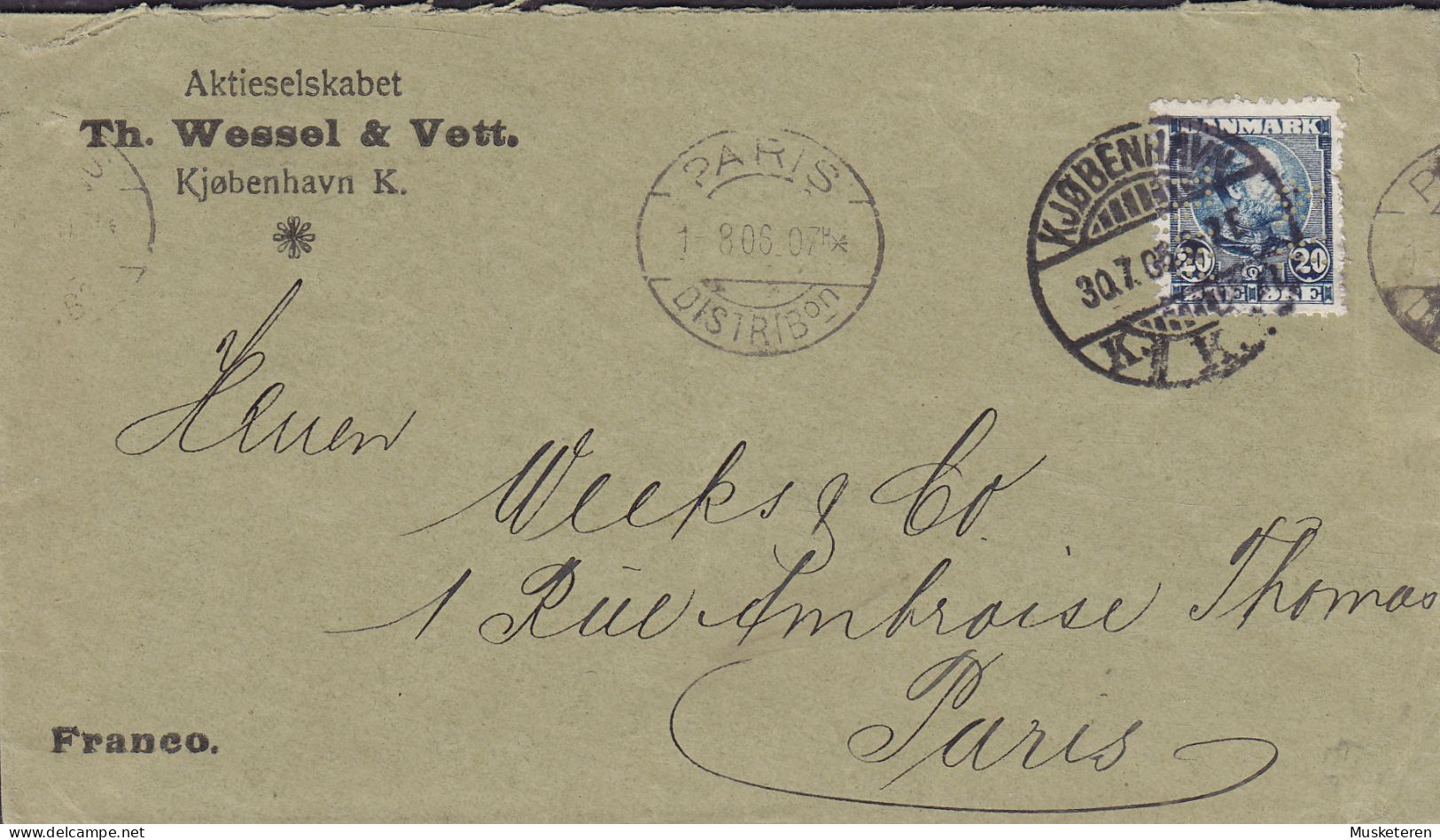 Denmark Brotype Ia KJØBENHAVN 1906 Cover PARIS Distribon. Perfin Perforé Lochung (T12) 'Th.W & V.' Th. Wessel & Vett. - Lettres & Documents