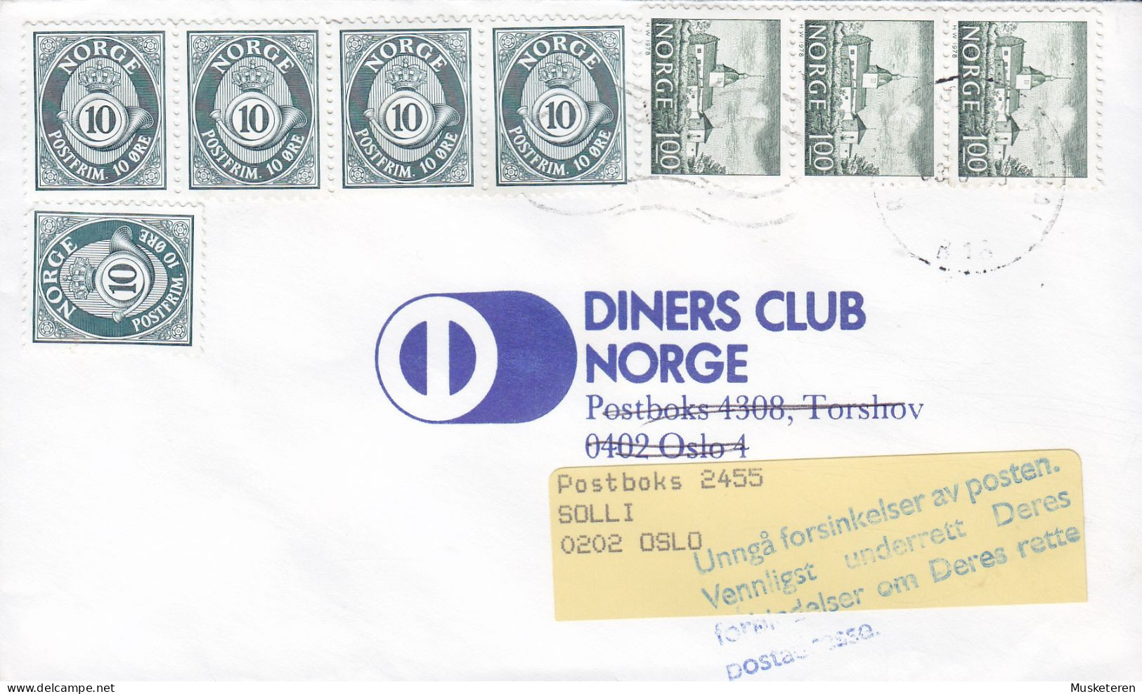Norway BERGEN 1993? Cover Brief Lettre DINERS CLUB NORGE To OSLO (Purple) Postal Service Reminder 3- & 4- Stripes - Covers & Documents