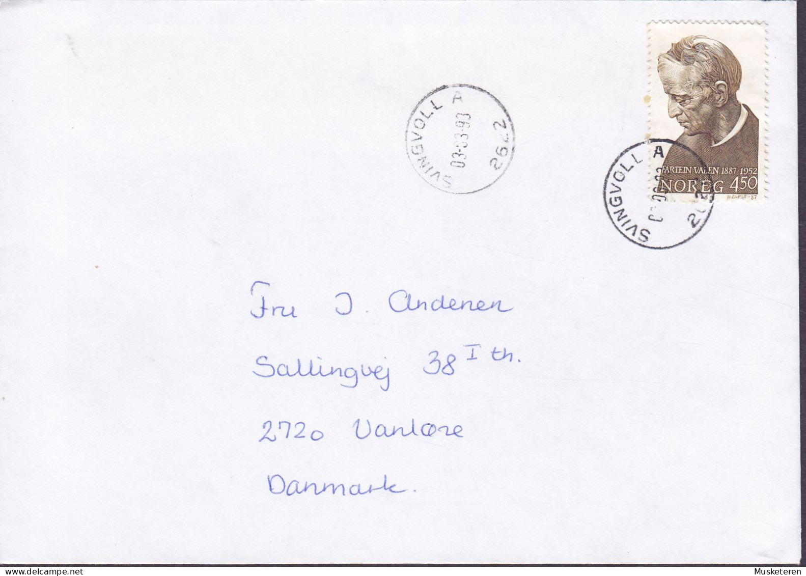 Norway SVINGVOLL 1993 Cover Brief Lettre VANLØSE Denmark 4.50 Kr Fartein Valen Stamp - Brieven En Documenten