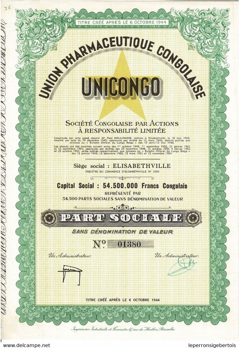 - Titre De 1954 - Union Pharmaceutique Congolaise - Unicongo -Sté Congolaise Par Actions à Responsabilité Limitée - Afrika