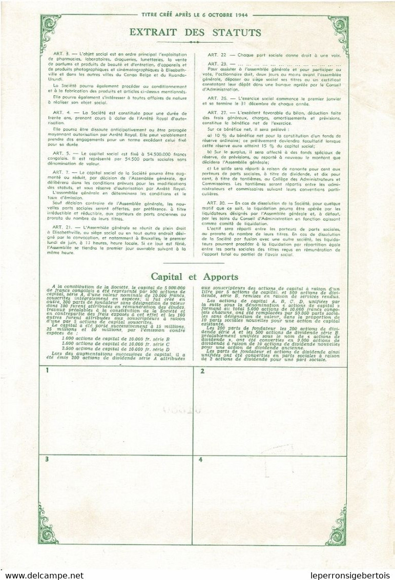 - Titre De 1954 - Union Pharmaceutique Congolaise - Unicongo -Sté Congolaise Par Actions à Responsabilité Limitée - Afrique