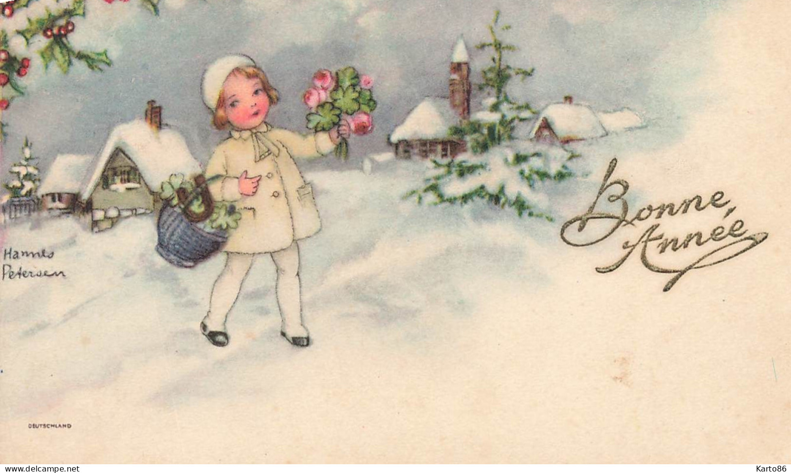 Hannes PETERSEN * CPA Mignonette Illustrateur Petersen * Enfant Fillette Neige Hiver Fleurs - Petersen, Hannes