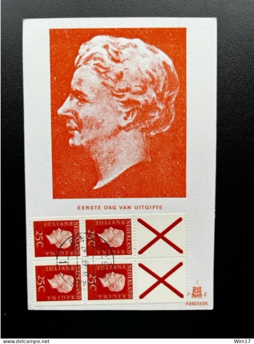 NETHERLANDS 1969 QUEEN JULIANA BOOKLET PANE PHOSFHORESCENT PAPER MAXIMUM CARD NEDERLAND FOSFORESCEREND PAPIER - Cartoline Maximum