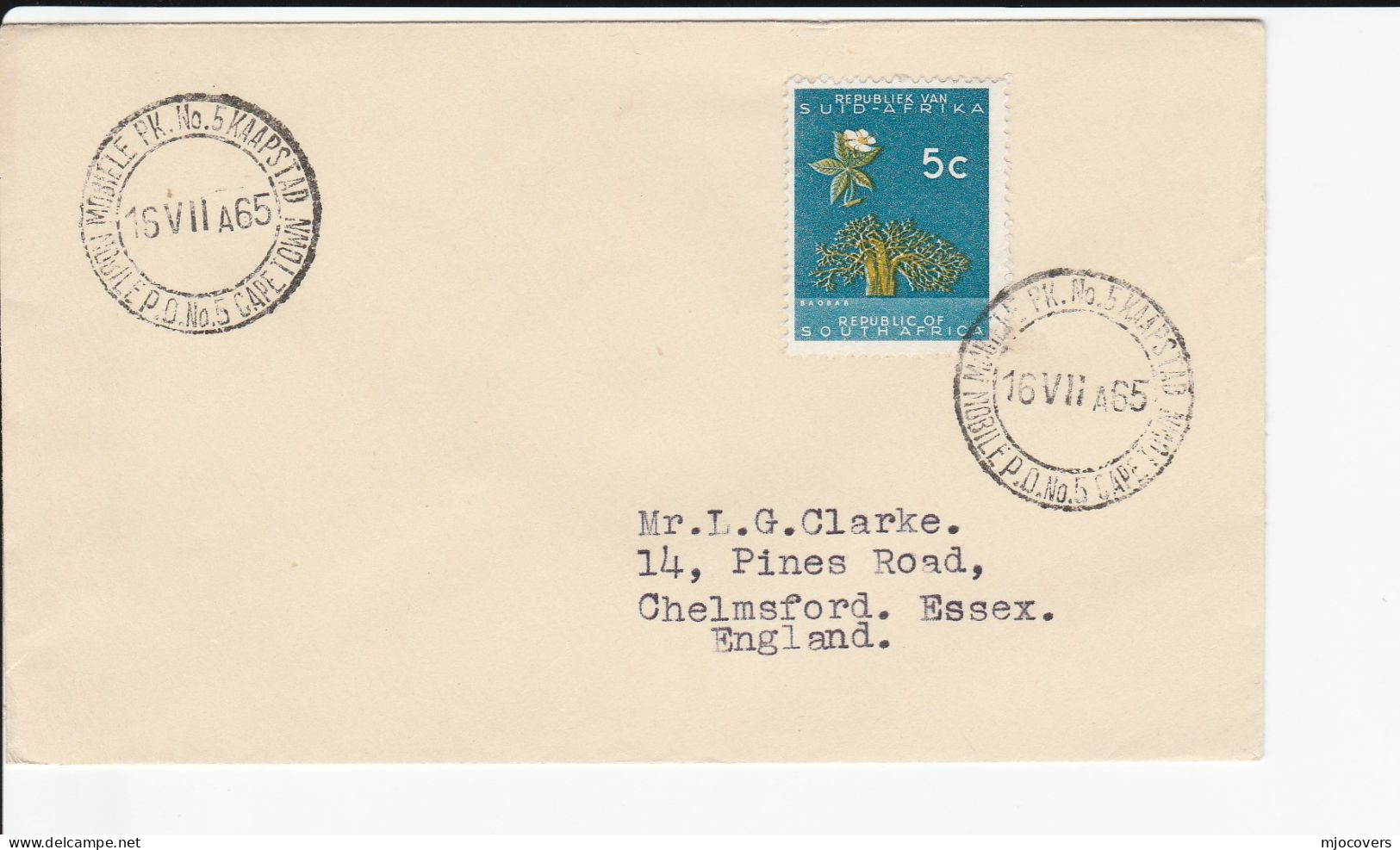 1965 MOBILE POST OFFICE Cover PK No 5 Cape Town South Africa Stamps - Briefe U. Dokumente