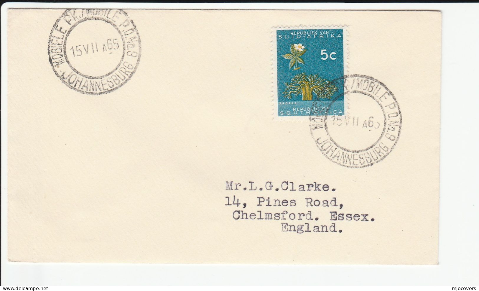 1965 MOBILE POST OFFICE Cover PK No 9 Johannesburg South Africa Stamps - Covers & Documents