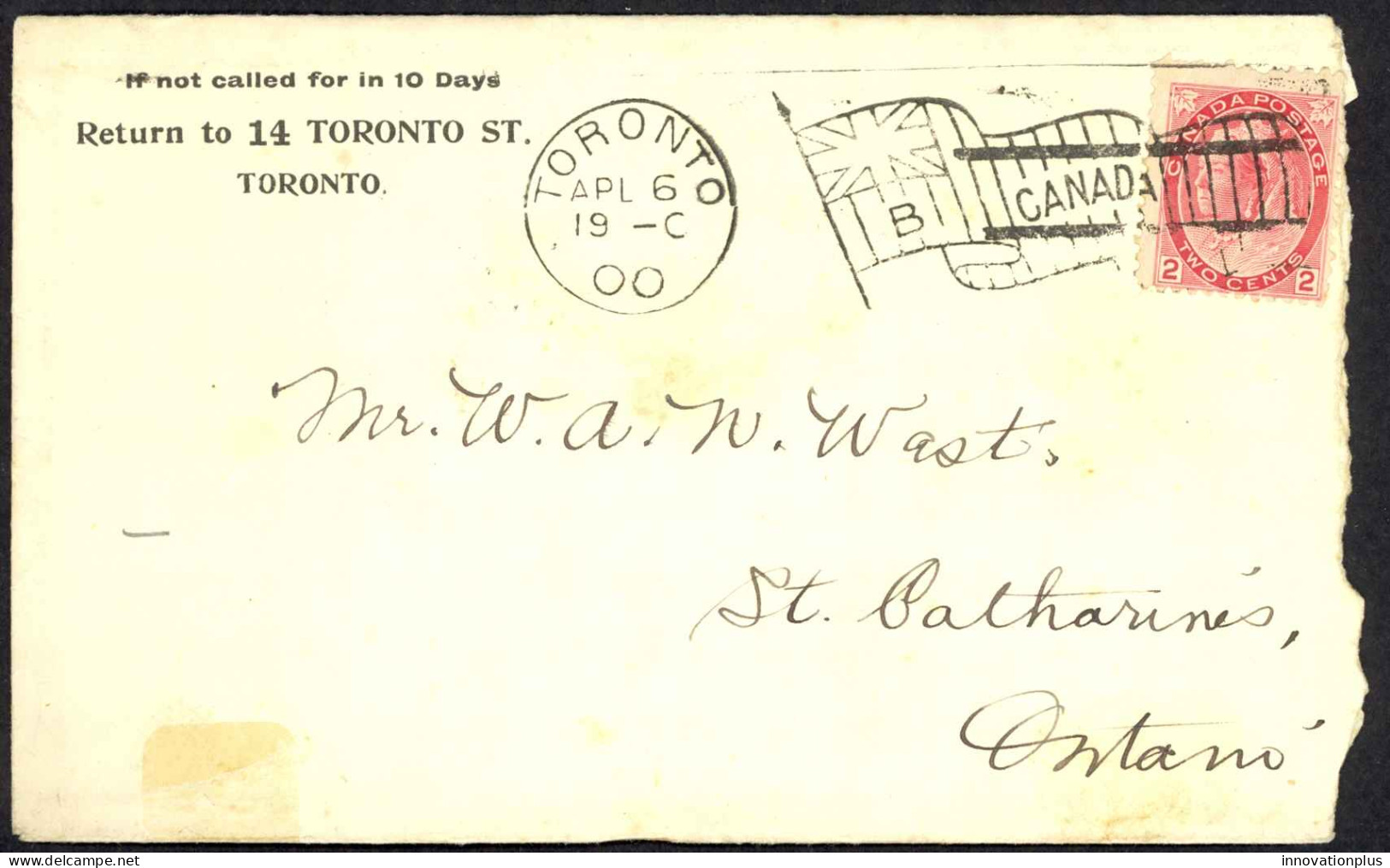 Canada Sc# 77 On Cover (e) Bickerdike Cxl Toronto>St. Catherines 1900 4.6 2c QV - Brieven En Documenten