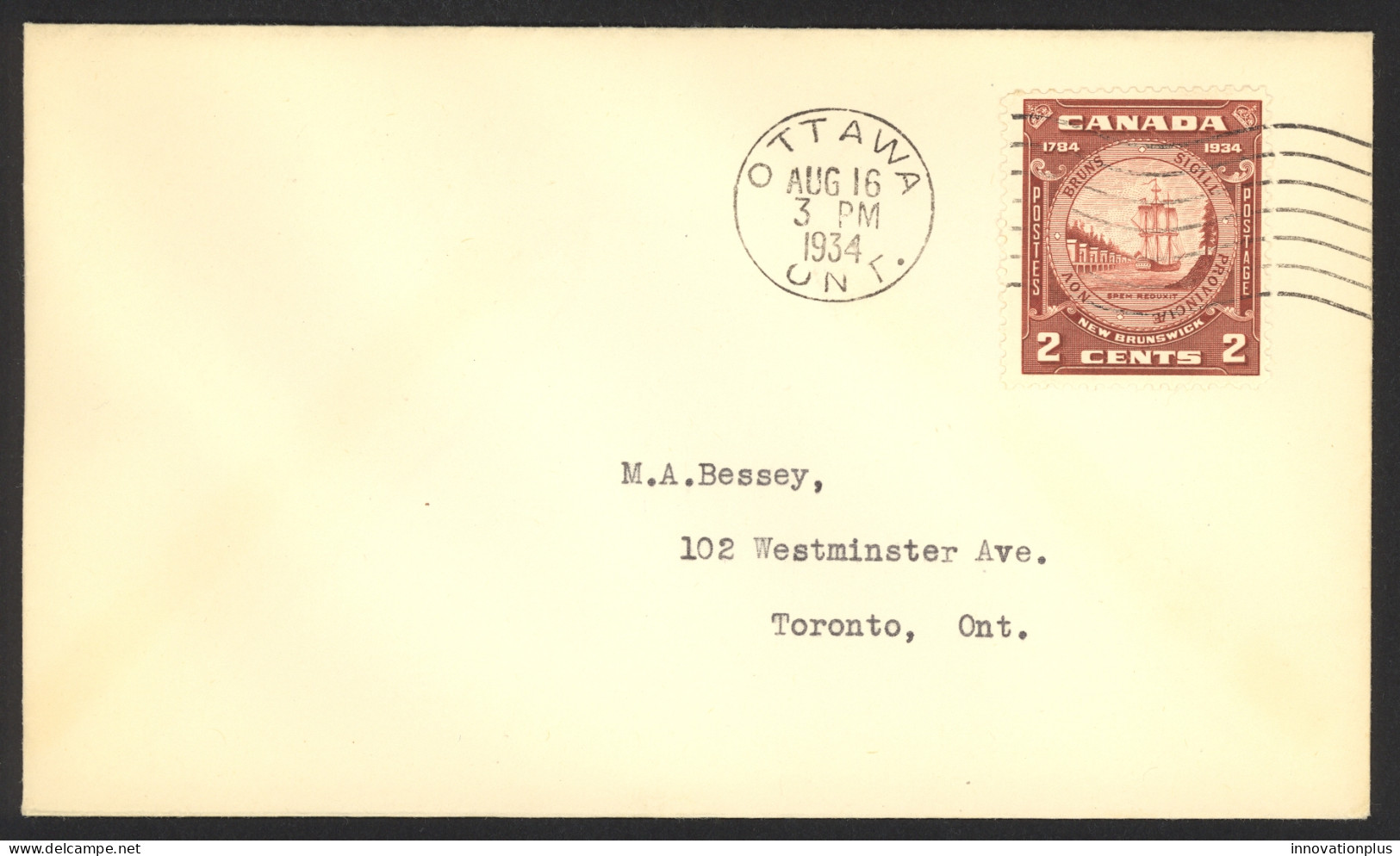 Canada Sc# 210 FDC (a) 1934 8.16 New Brunswick Seal - ....-1951