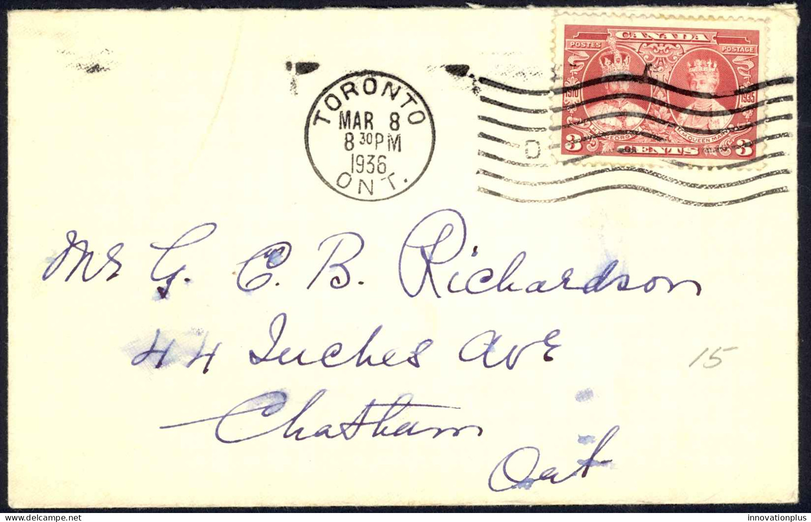 Canada Sc# 213 On Cover (a) (Toronto>Chatham) 1936 3.8 KGV Silver Jubilee - Storia Postale