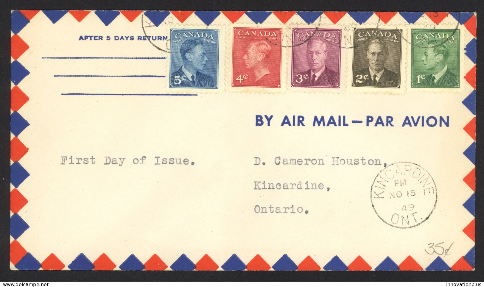 Canada Sc# 284-288 Combination (Air Mail) FDC (a) 1949 11.15 KGVI POSTES-POSTAGE - ....-1951