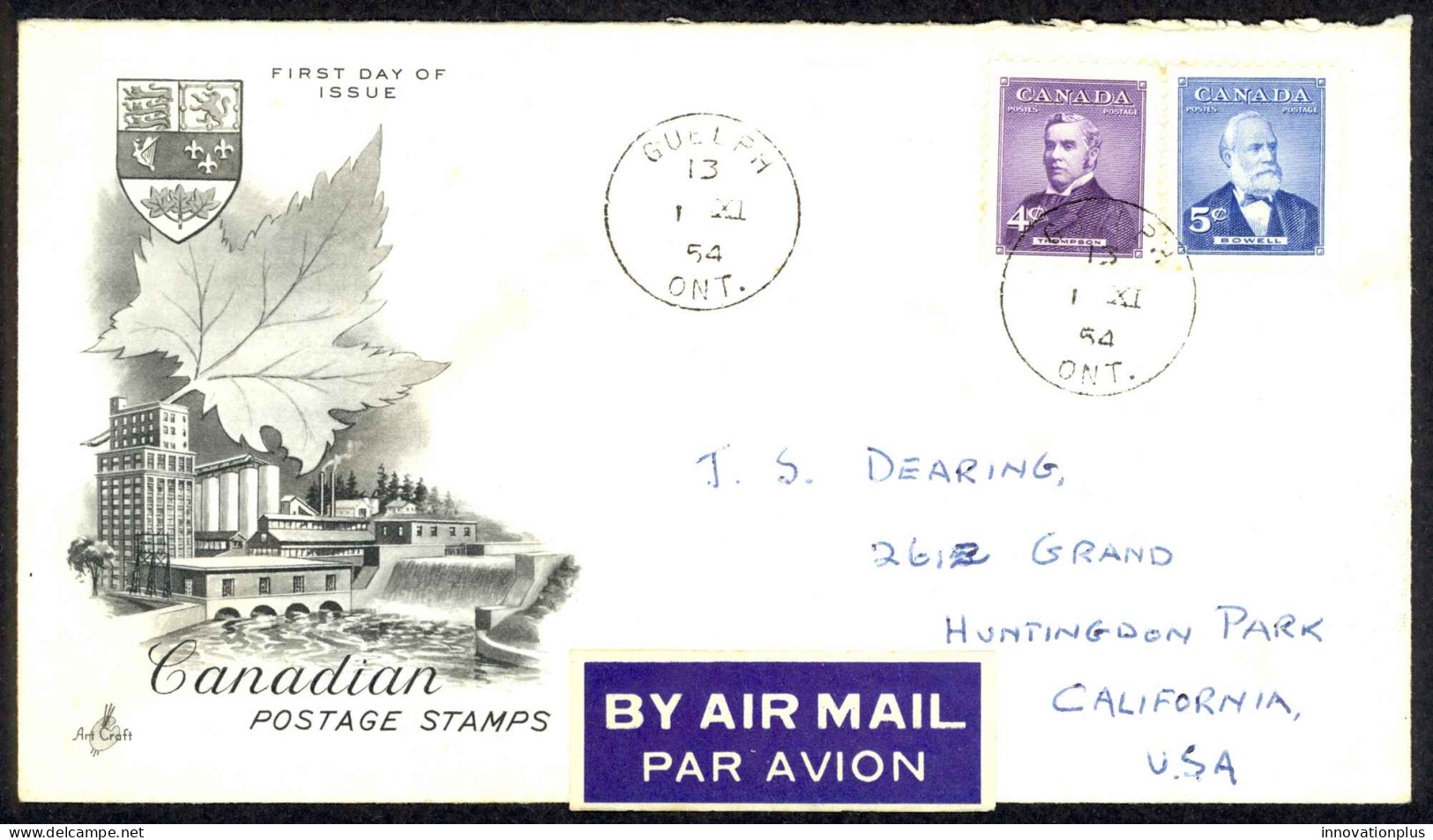 Canada Sc# 349-350 (Artcraft) FDC Air Mail 1954 11.1 Prime Ministers - 1952-1960