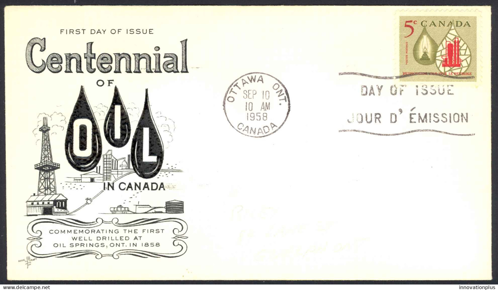 Canada Sc# 381 (Rose Craft Cachet) FDC (a) 1958 9.10 Oil - 1952-1960