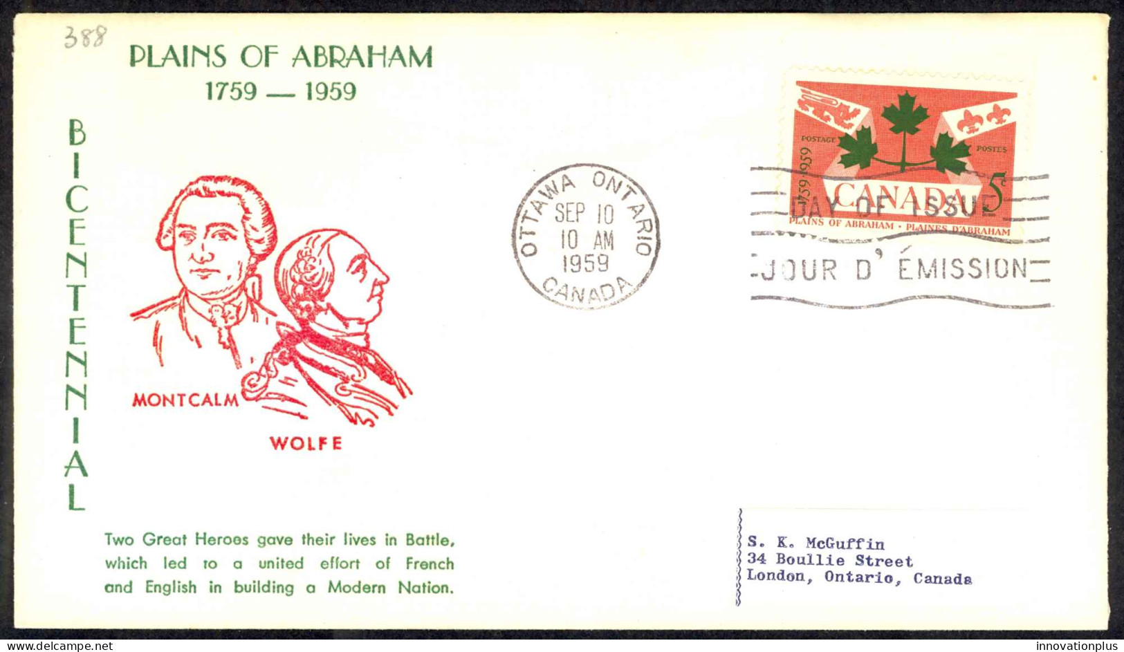 Canada Sc# 388 (cachet) FDC (b) (Ottawa, ON) 1959 9.10 Plains Of Abraham 200th - 1952-1960